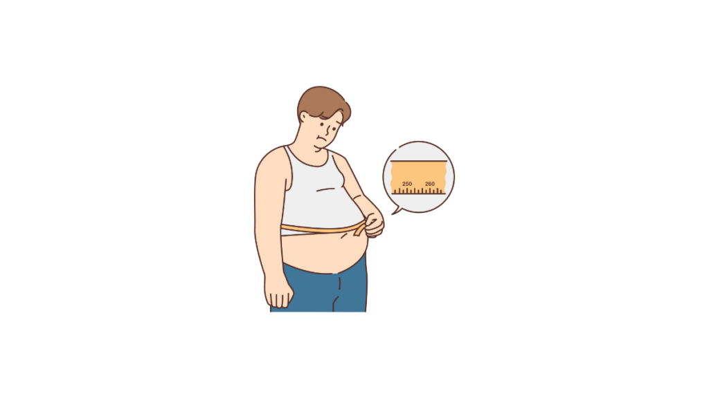 An illustration of a man measuring his stomach after gaining weight following liposuction.