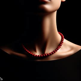 A close-up image of a person's neck adorned with a red beaded necklace against a dark background, post liposuction of the chin.