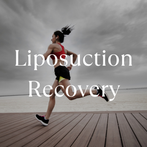 Woman running on a wooden pier with cloudy sky background, text overlay reads Liposuction Recovery.