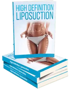 A stack of books titled "High Definition Liposuction" features a cover image of a woman's midsection marked with lines. Discover cutting-edge techniques and insights with a compelling call to action: transform your practice with this essential guide.