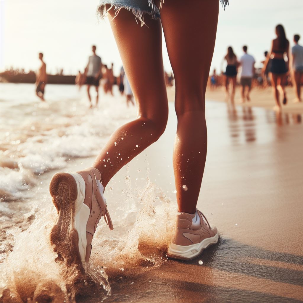 The youthful legs of a woman walking on the beach without cankles.