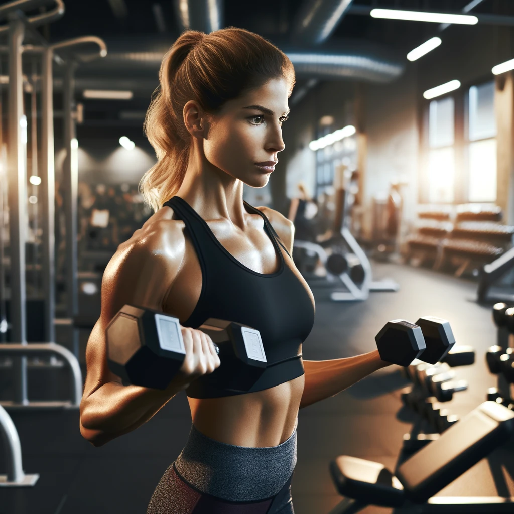 A woman is lifting dumbbells in a gym to target and tone her underarm muscles.