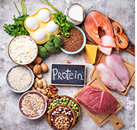 A selection of fast protein-rich foods on a grey background.