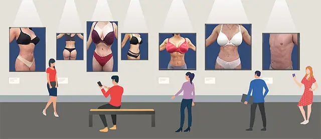 People viewing an art exhibition featuring high definition liposuction best lipo technique.